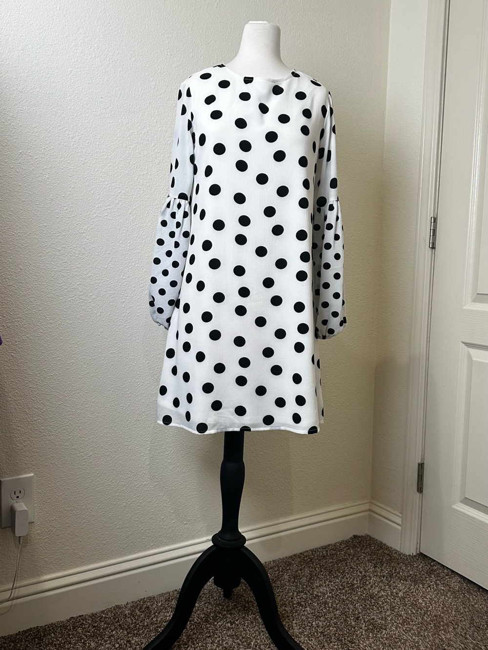 Massimo Dutti Black & White Polka Dot Long Sleeve Shift Dress